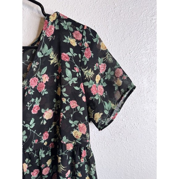 Vintage Bonjour Floral Button-Front Babydoll Dress Short Sleeve Black Women’s M - Picture 5 of 13